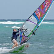 Windsurfing student Markus stays his first Duck jibe.